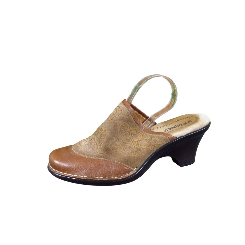 Softspots 723106 Women Mules Size 6.5 M Comfort Dress Brown Suede Leather Floral